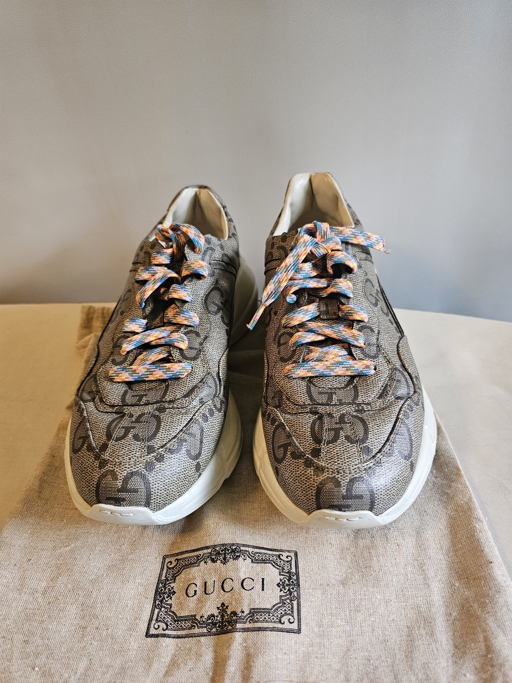 Gucci Men’s Beige GG Canvas Sneakers with Multicolor Laces